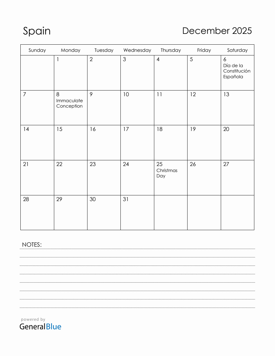 December 2025 Spain Calendar with Holidays