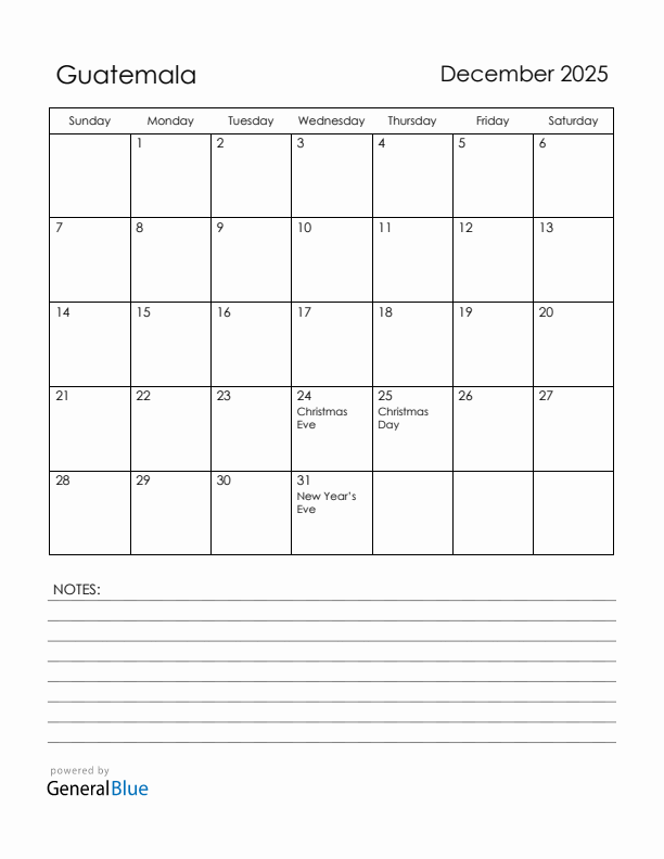 December 2025 Guatemala Calendar with Holidays (Sunday Start)