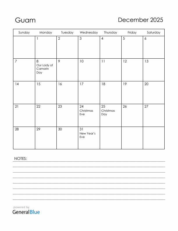 December 2025 Guam Calendar with Holidays (Sunday Start)