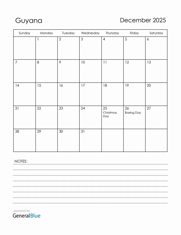 December 2025 Guyana Calendar with Holidays (Sunday Start)