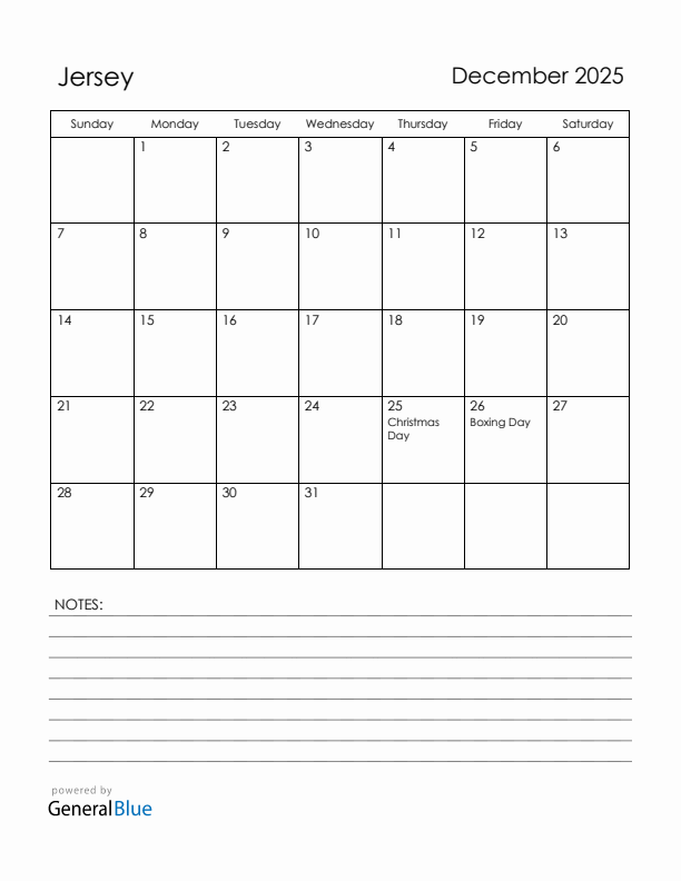 December 2025 Jersey Calendar with Holidays (Sunday Start)