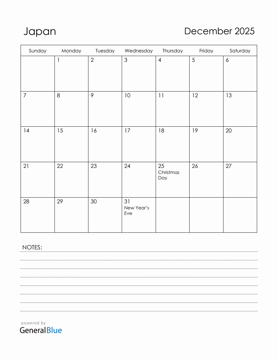 December 2025 Japan Calendar with Holidays