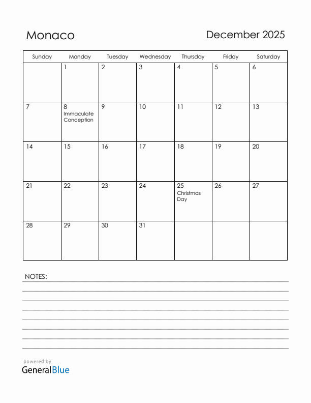December 2025 Monaco Calendar with Holidays (Sunday Start)