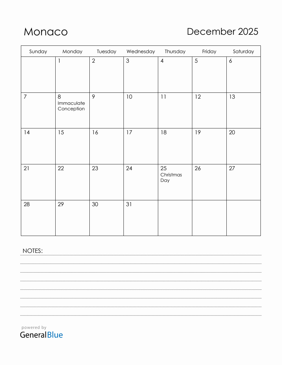 December 2025 Monaco Calendar with Holidays