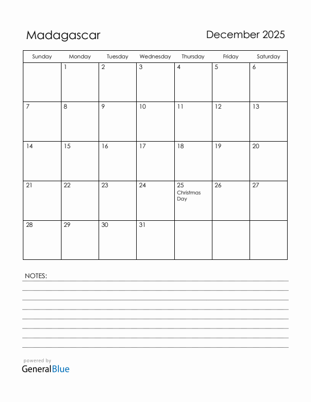 December 2025 Madagascar Calendar with Holidays (Sunday Start)