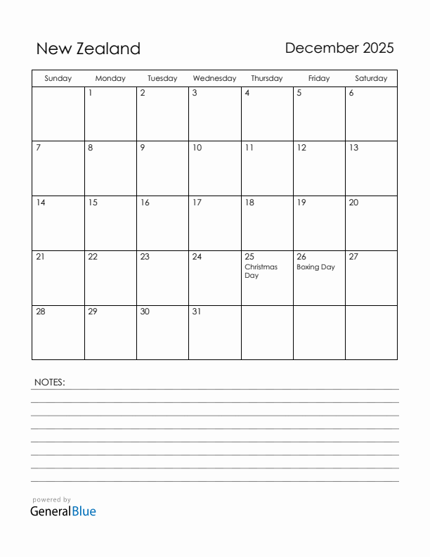 December 2025 New Zealand Calendar with Holidays (Sunday Start)