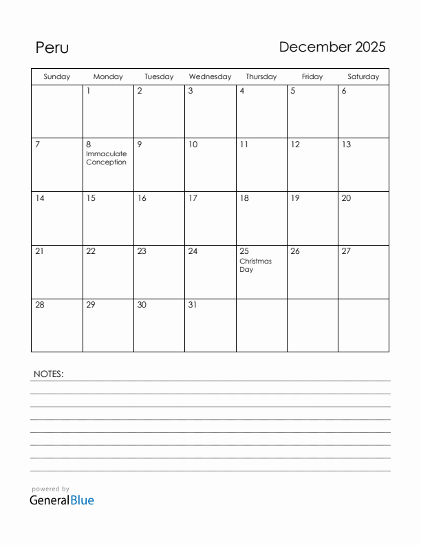December 2025 Peru Calendar with Holidays (Sunday Start)