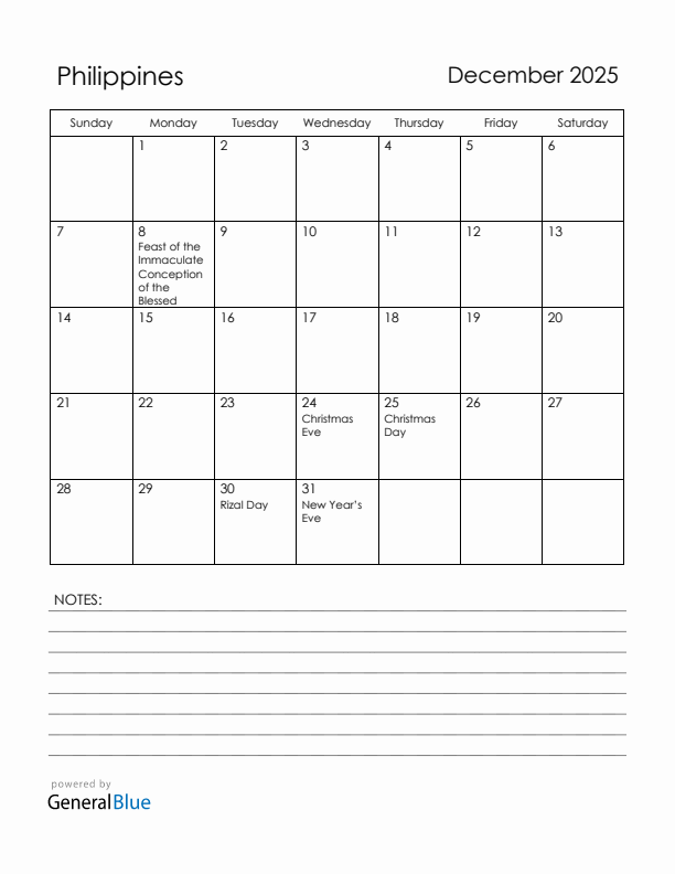 December 2025 Philippines Calendar with Holidays
