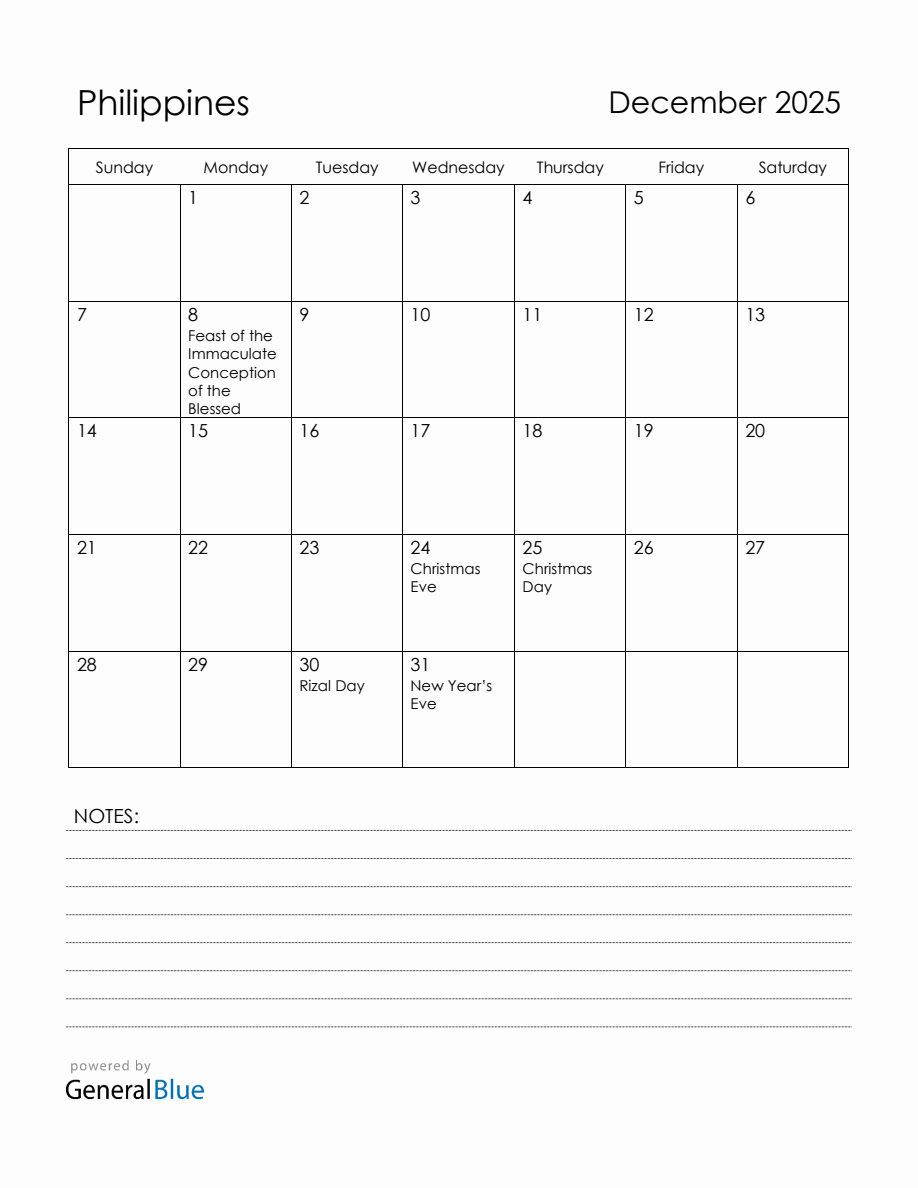 December 2025 Philippines Calendar with Holidays