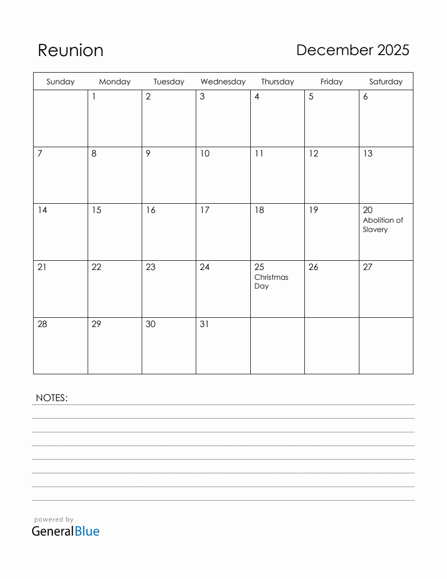 December 2025 Reunion Calendar with Holidays