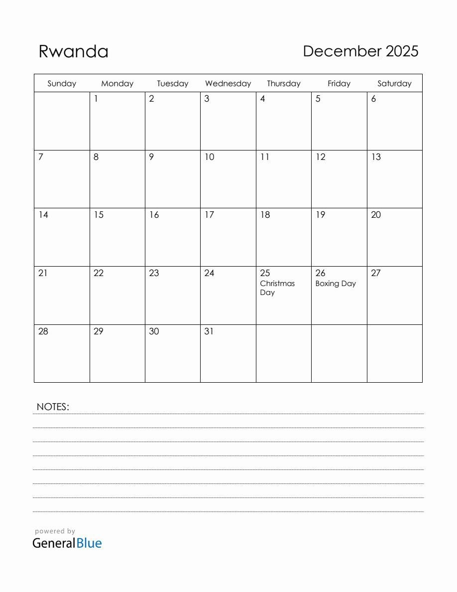 December 2025 Rwanda Calendar with Holidays