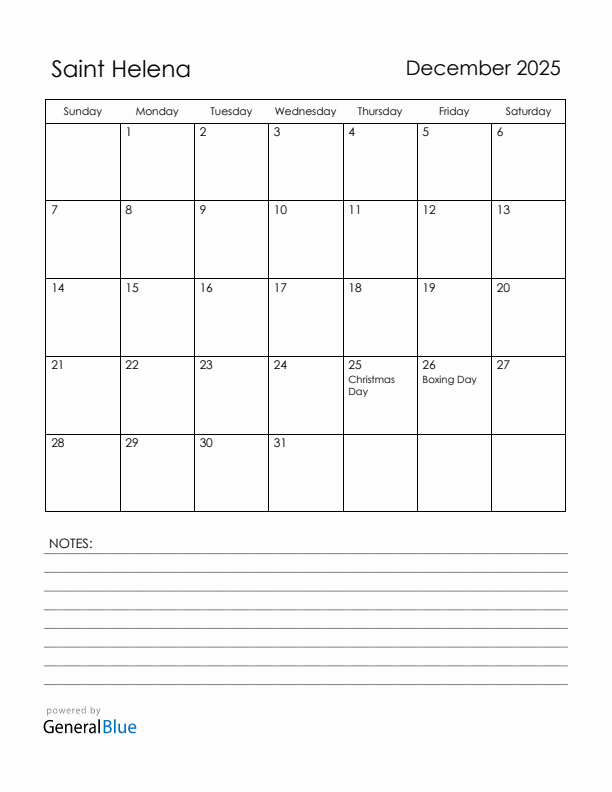 December 2025 Saint Helena Calendar with Holidays (Sunday Start)