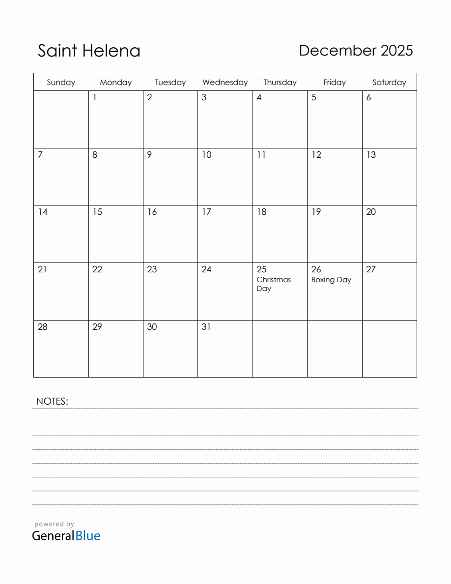 December 2025 Saint Helena Calendar with Holidays