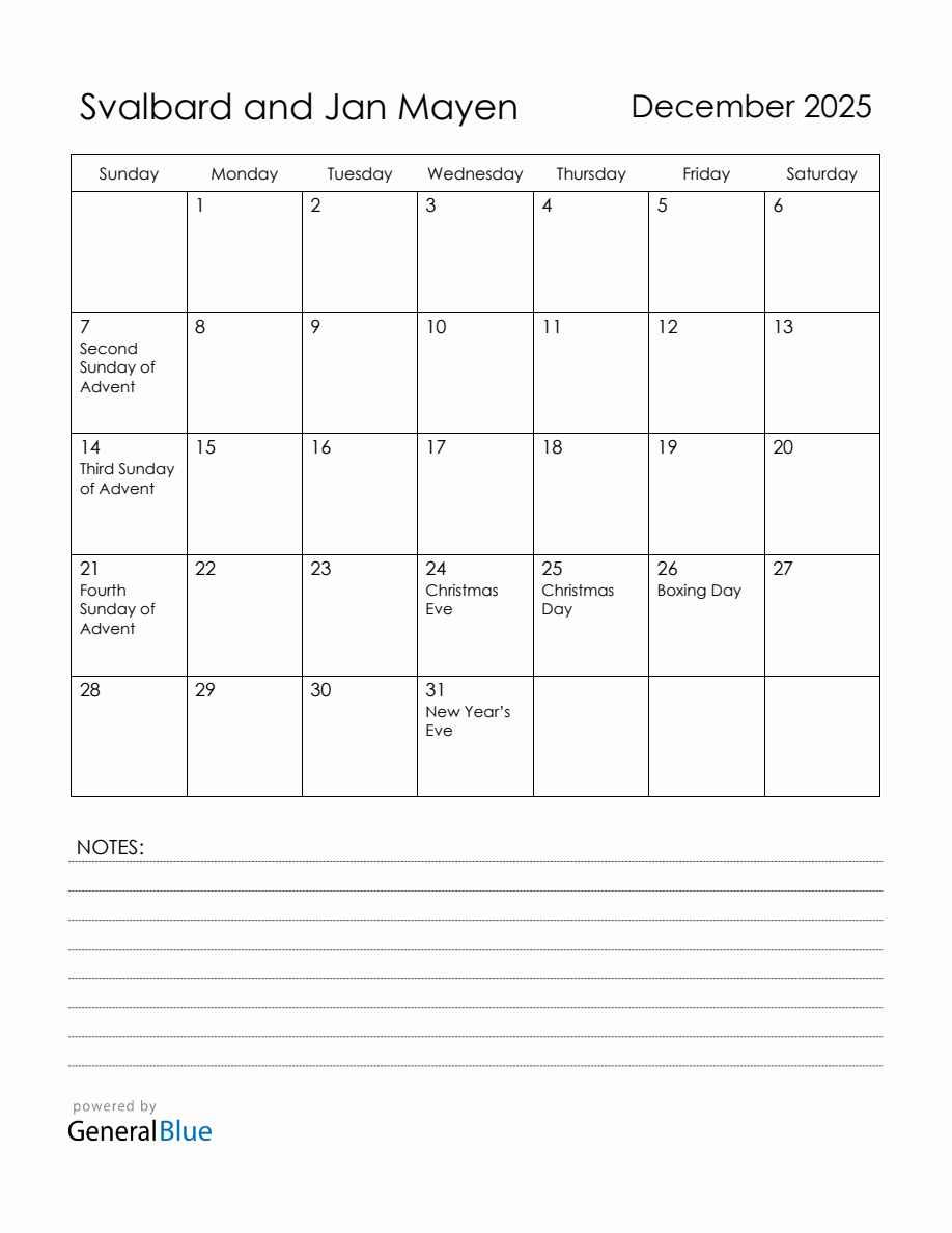 December 2025 Svalbard and Jan Mayen Calendar with Holidays