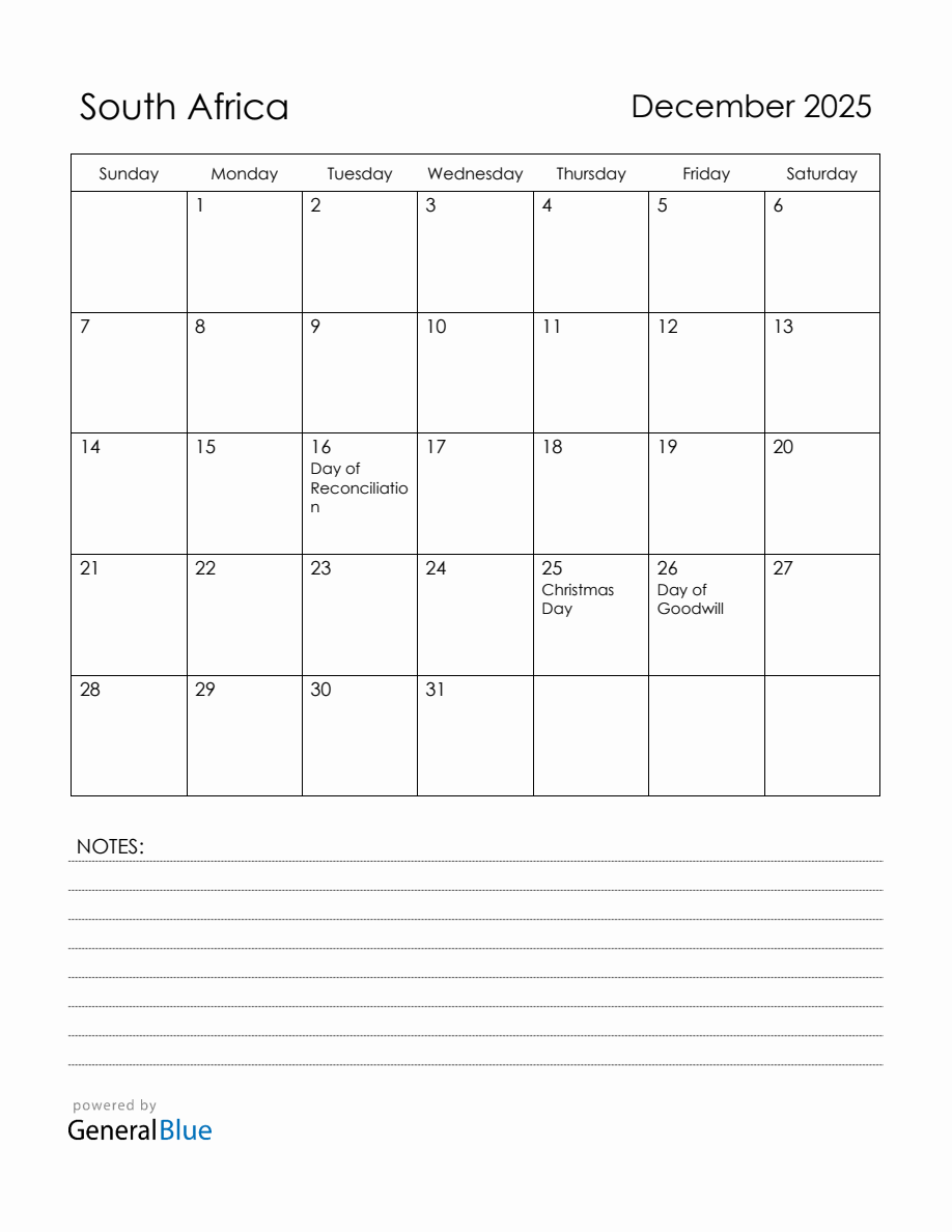 December 2025 South Africa Calendar with Holidays