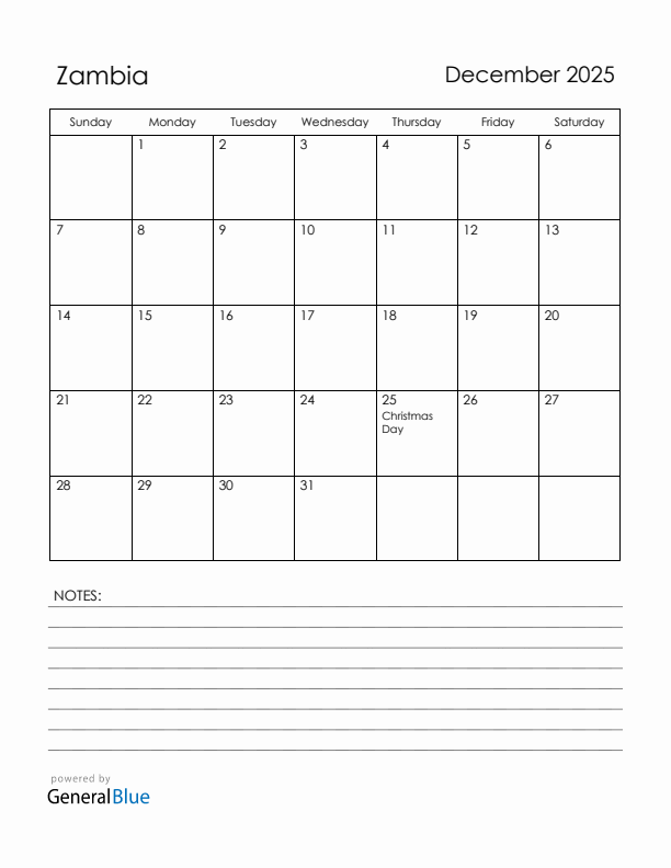 December 2025 Zambia Calendar with Holidays (Sunday Start)
