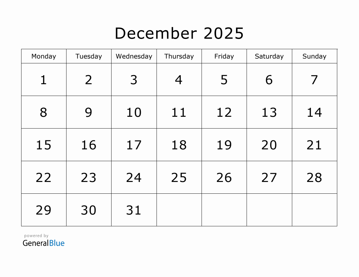 Printable December 2025 Calendar