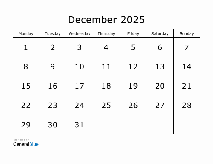 Printable December 2025 Calendar - Monday Start