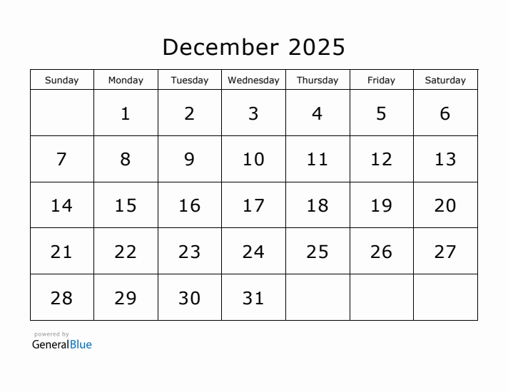 Printable December 2025 Calendar - Sunday Start