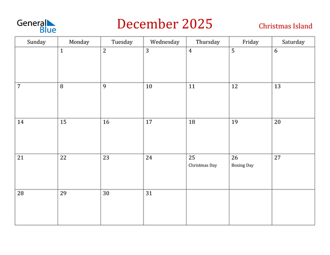 Christmas Island December 2025 Calendar with Holidays