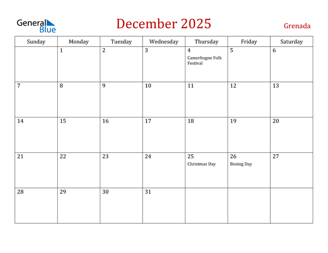 Grenada December 2025 Calendar