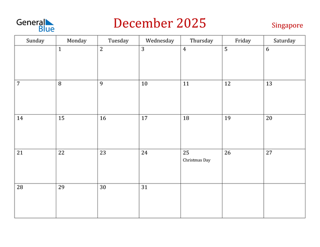 December 2025 Calendar with Singapore Holidays