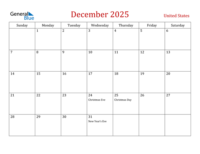 December 2025 Calendar with United States Holidays