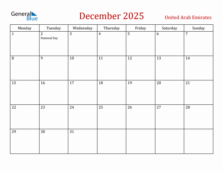 United Arab Emirates December 2025 Calendar - Monday Start
