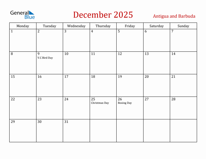 Antigua and Barbuda December 2025 Calendar - Monday Start