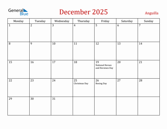 Anguilla December 2025 Calendar - Monday Start
