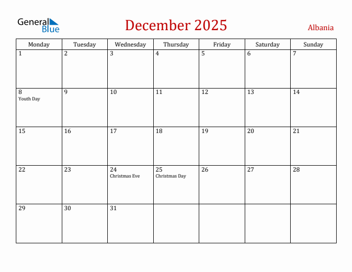 Albania December 2025 Calendar - Monday Start
