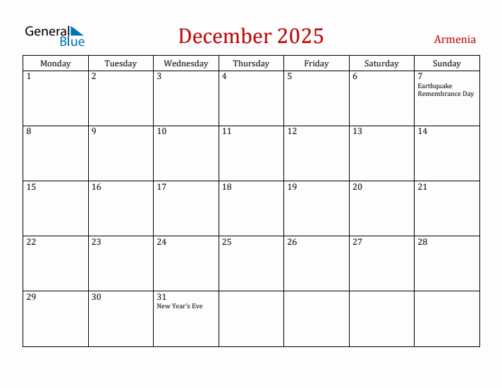 Armenia December 2025 Calendar - Monday Start