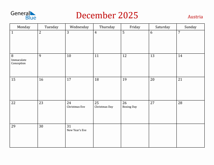 Austria December 2025 Calendar - Monday Start