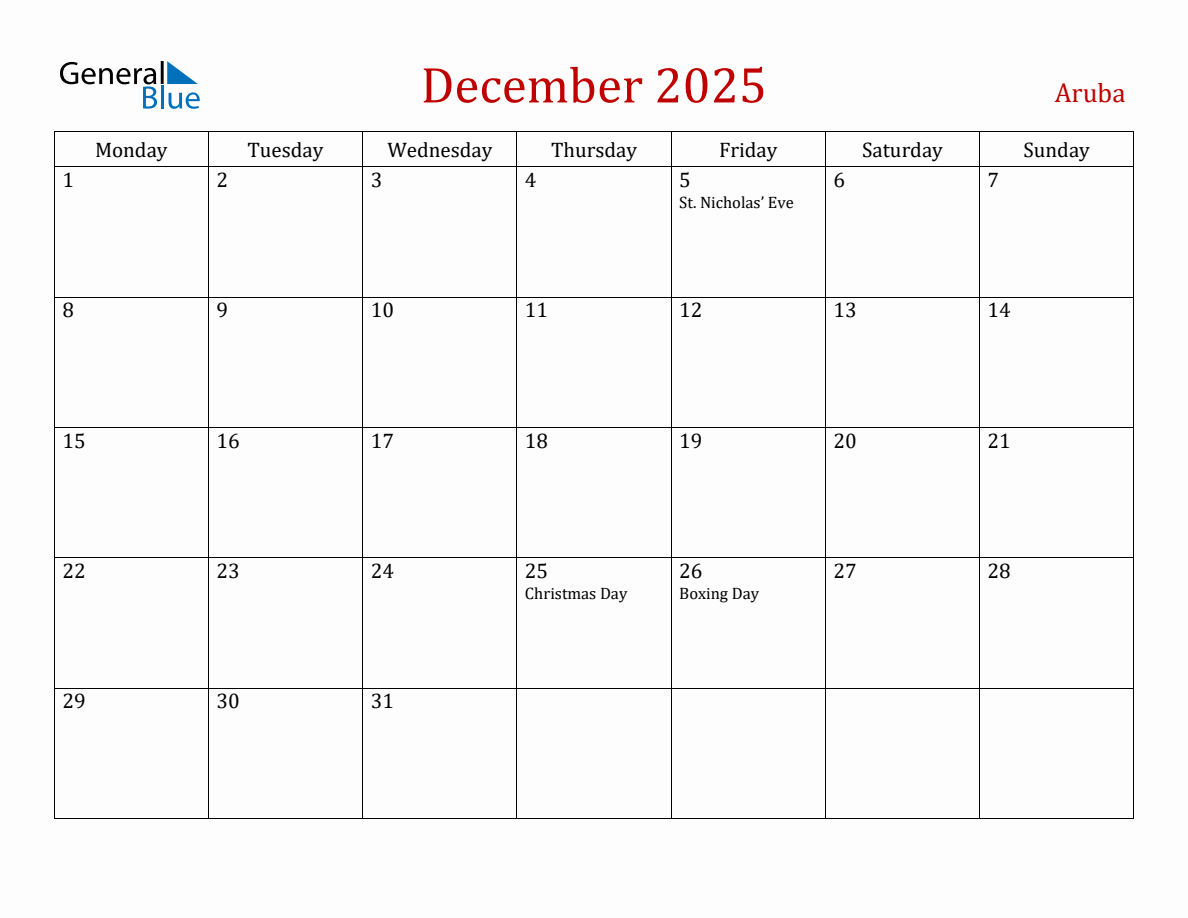 December 2025 Aruba Monthly Calendar with Holidays