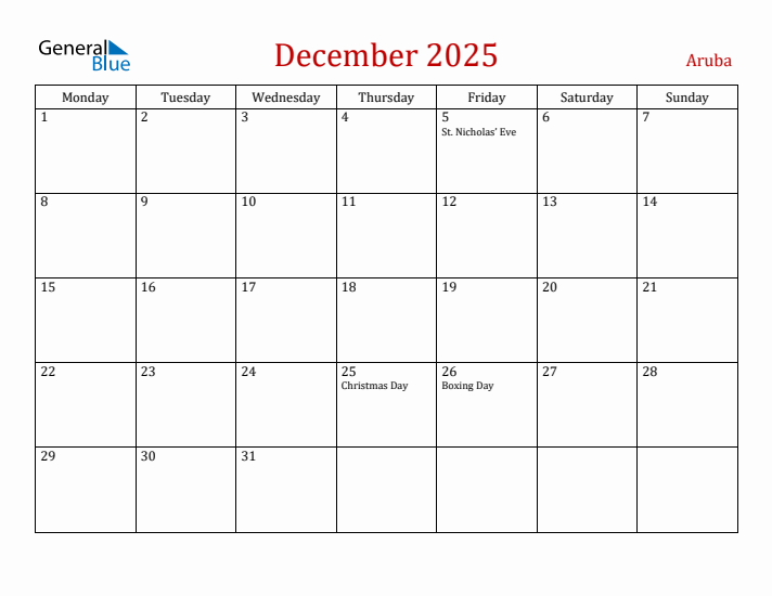 Aruba December 2025 Calendar - Monday Start