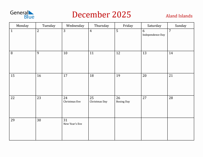 Aland Islands December 2025 Calendar - Monday Start
