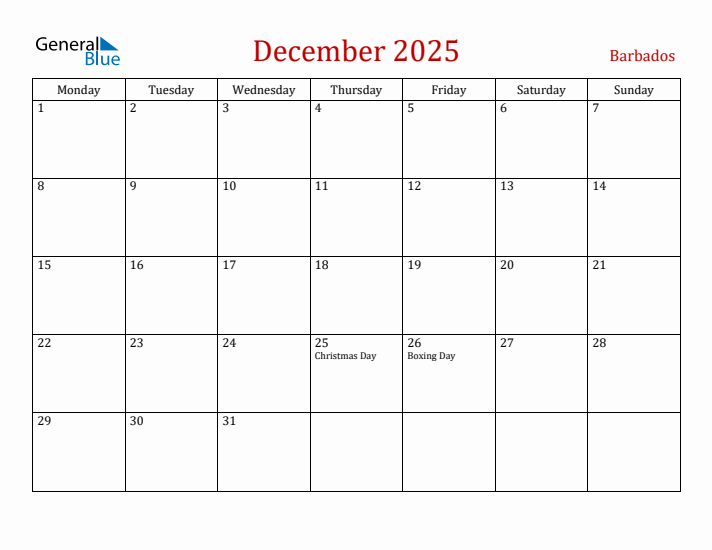 Barbados December 2025 Calendar - Monday Start