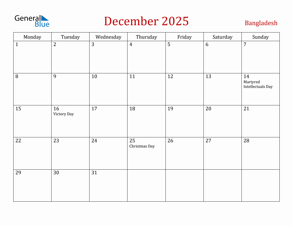 December 2025 Bangladesh Monthly Calendar with Holidays