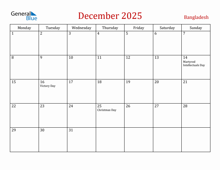 Bangladesh December 2025 Calendar - Monday Start