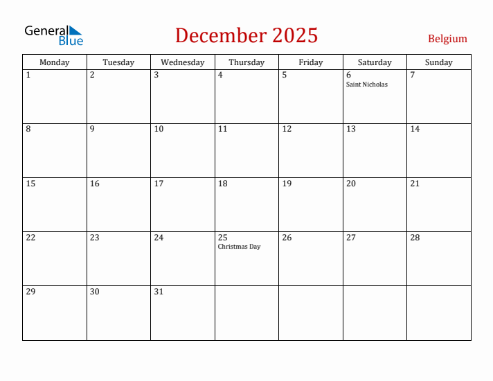 Belgium December 2025 Calendar - Monday Start