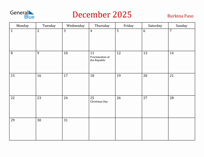 Burkina Faso December 2025 Calendar - Monday Start