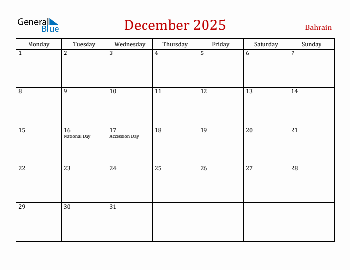 Bahrain December 2025 Calendar - Monday Start
