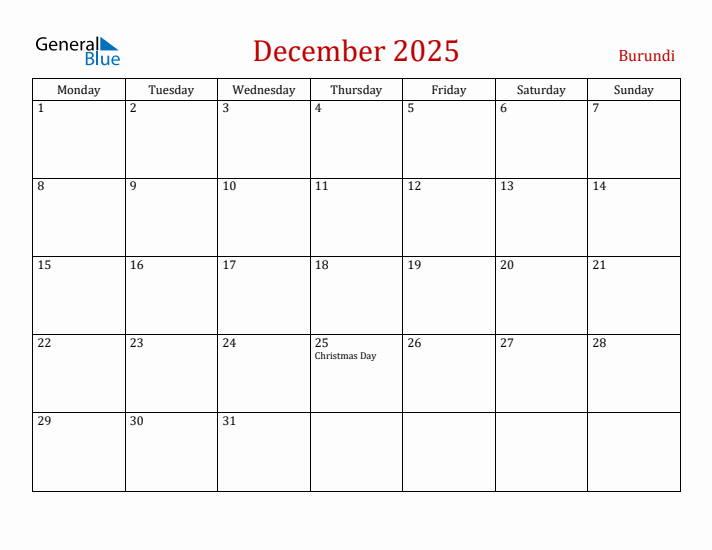 Burundi December 2025 Calendar - Monday Start