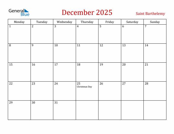 Saint Barthelemy December 2025 Calendar - Monday Start