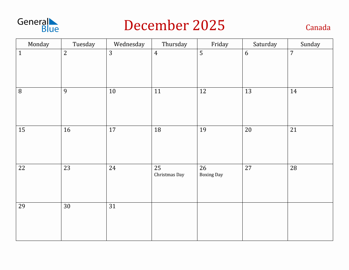 December 2025 Canada Monthly Calendar with Holidays