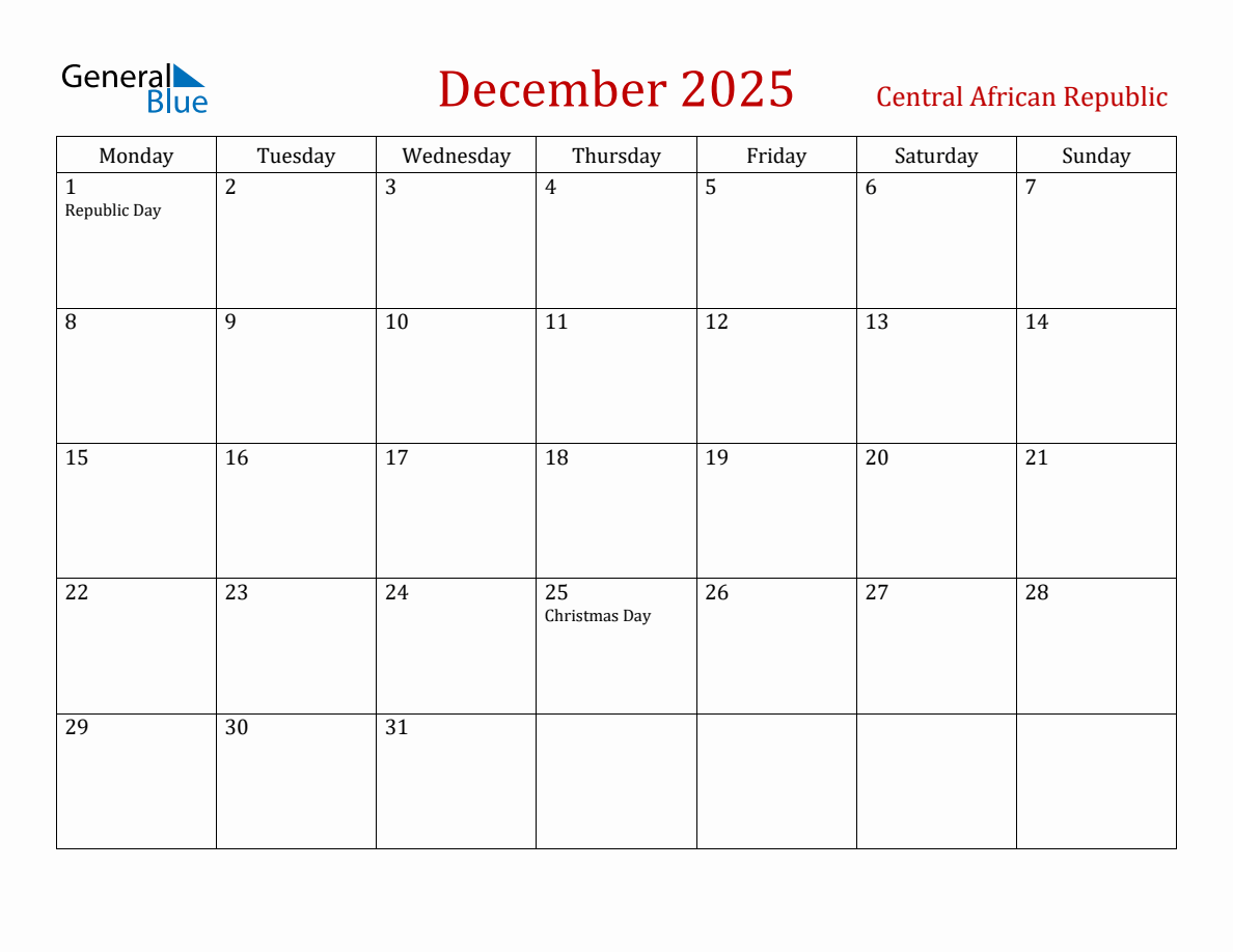 December 2025 Central African Republic Monthly Calendar with Holidays