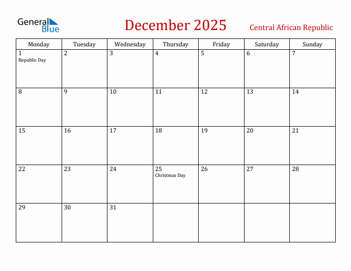 Central African Republic December 2025 Calendar - Monday Start