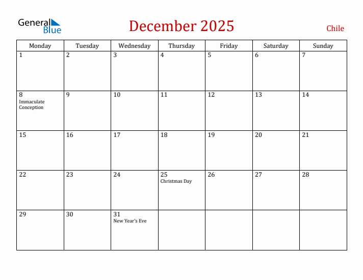 Chile December 2025 Calendar - Monday Start