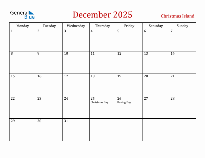 Christmas Island December 2025 Calendar - Monday Start