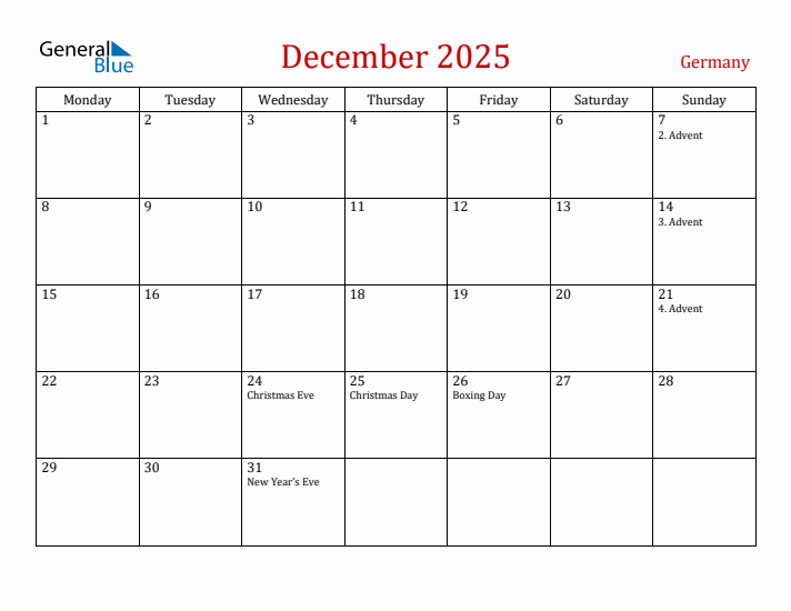 Germany December 2025 Calendar - Monday Start